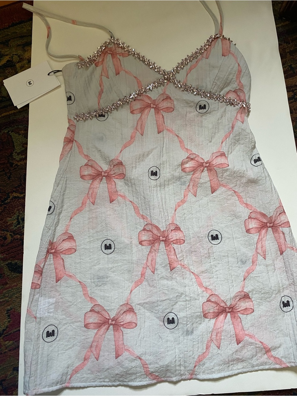 Milkwhite Mini Dress - Coquette Pink Bows with Crystal Gemstone Trim S/M NWT
